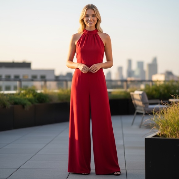Womens Red Halter Neck Wide-Leg Jumpsuit – Low Back – Size Large - Picture 1 of 8